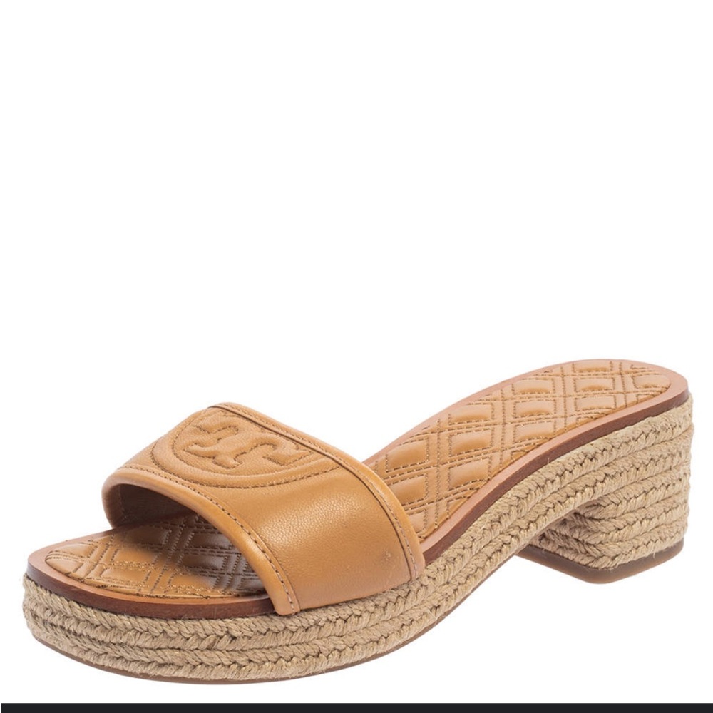 Tory Burch size 10 Brown Leather Fleming Espadrille Slide Sandals women’s